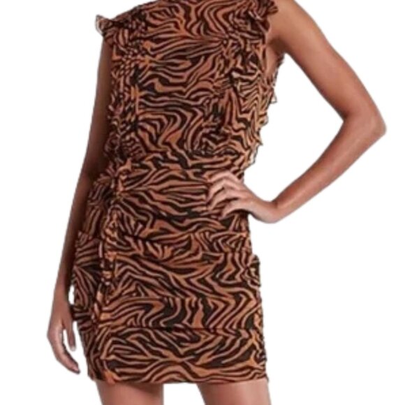 Express Tiger Zebra Animal Print Chiffon Ruffle Cut Out Back Mini Dress Sz M - Picture 1 of 15